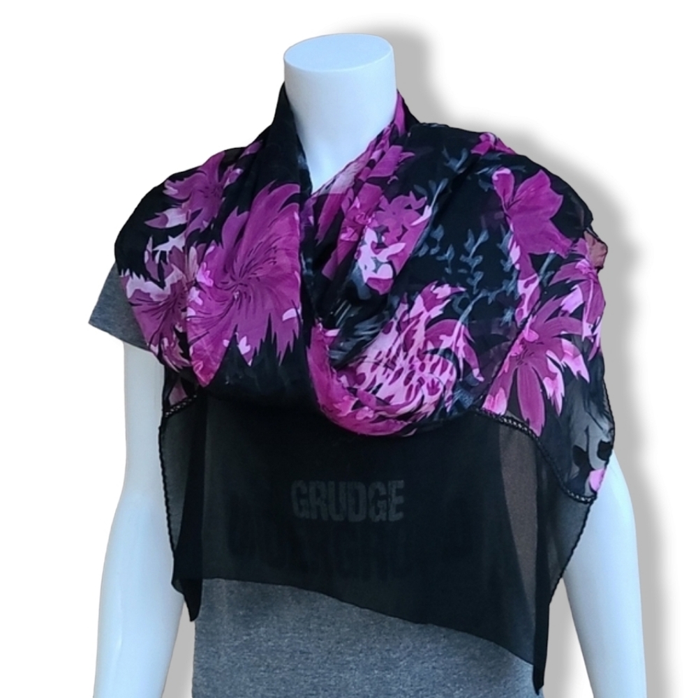 EGYPT Black Purple Floral Rectangular Scarf Semi Sheer Burnout Wrap Shayla Hijab - Picture 6 of 16